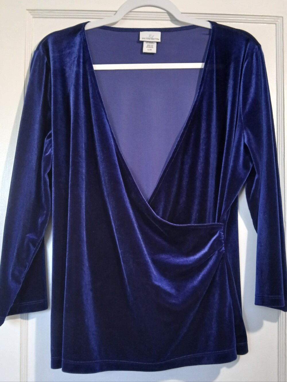 Jaclyn Smith Deep V Velvet Wrap Top in Cobalt Blue